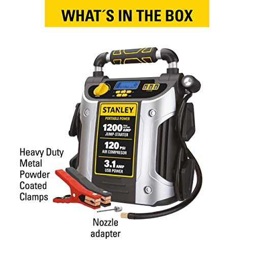 STANLEY Arrancador automotriz de 1200 amperios máximos, Potencia portátil, Puerto USB de 2.1A/10W, compresor de Aire de 120 PSI