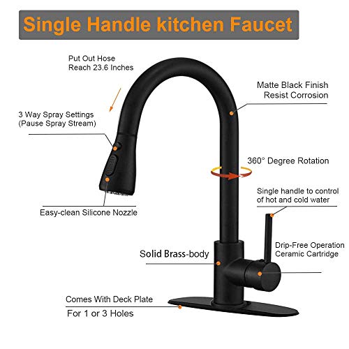 Hoimpro - llave comercial para fregadero de cocina de una sola manija con pulverizador extraíble, llave de cocina Rv con pulverizador extraíble, llave de agua de 3 funciones táctil en la lavandería, latón (1 o 3 orificios)