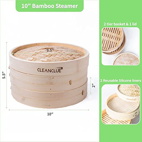 Cleanclue Cesta de vapor de bambú premium de 10 pulgadas y alfombrilla de sushi para cocinar, comida asiática (coreano, japonés, chino y tailandés) con adaptador de anillo, 20 papeles de pergamino, 2 pares de palillos, plato de salsa
