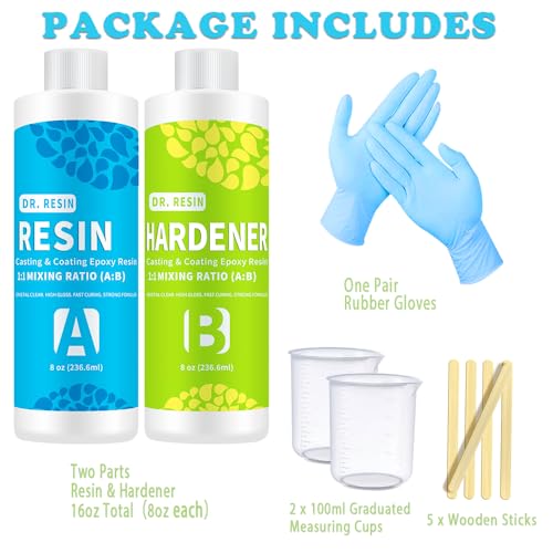 Kit de resina epoxi de resina de arte transparente, kit de 2 piezas, kit de resina de fundición y revestimiento, resina de joyería de vidrio con tazas de medición adicionales, esparcidores y guantes