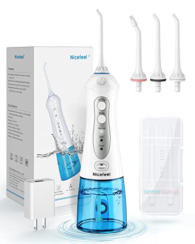 Nicefeel 300ML Portable and USB Rechargeable Oral Irrigator for Travel IPX7 Waterproof Water Flossing with 4 Jet Tips for Home