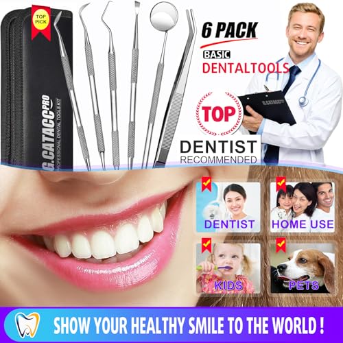 Herramientas dentales, 6 unidades de herramientas de limpieza de dientes de acero inoxidable, removedor de sarro raspador de placa raspador de dientes con espejo de boca, kit de pinzas para dentista, cuidado bucal familiar, perros
