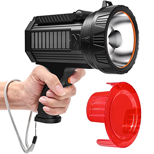BUYSIGHT Rechargeable Spotlight Flashlight, 200000 lumens 600 Yards Range Solar Spot Lights Hand held Large flashlights with red Lens and Side Flood Light Warning Light USB C Recharge