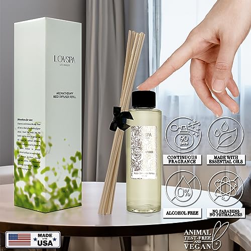 LOVSPA aceite difusor de varillas de ámbar báltico con varillas de repuesto | resina de ámbar rica, sándalo y almizcle relajante con notas cítricas y florales claras, 4 onzas | fabricado en los Estados Unidos
