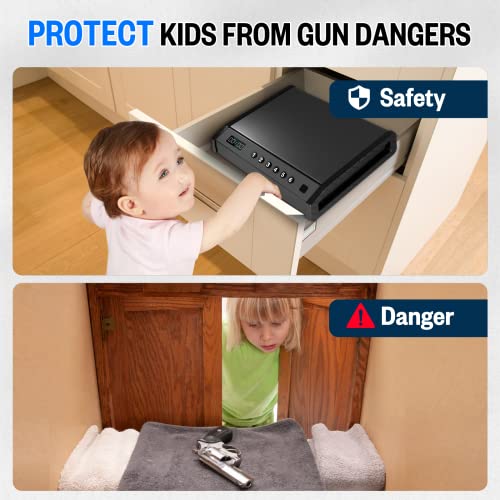 LOYMR - Caja fuerte para pistola biométrica, tapa gruesa de 2 mm para pistolas del hogar, pistola de acceso rápido segura con reloj y visualización de alimentación, caja de bloqueo de huellas dactilares con apertura automática y silenciosa para mesita de