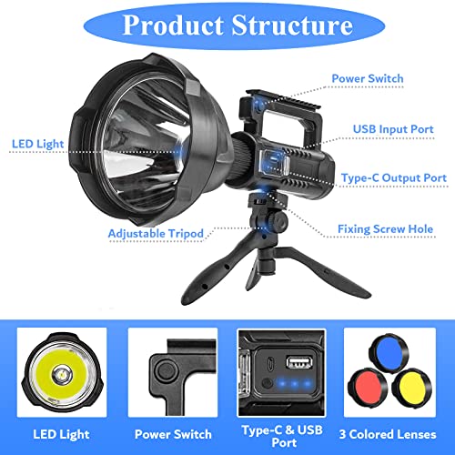 Uhanciny Linterna recargable de alto lúmenes, 150000 lúmenes, luces LED para exteriores, de mano, grande, superbrillante, potente luz flash con 4 modos, IPX6 impermeable, trípode de pie