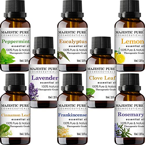 MajesticPure Aromatherapy Essential Oils Set - 10 ml Each - Includes Peppermint, Lavender, Eucalyptus, Lemon, Frankincense, Clove Leaf, Cinnamon Leaf & Rosemary Oils - Pack of 8