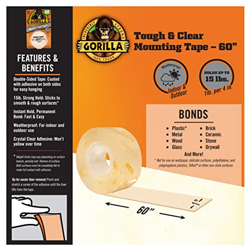 Gorilla Cinta de montaje de doble cara, resistente y transparente, 2.54 cm x 152 cm, transparente