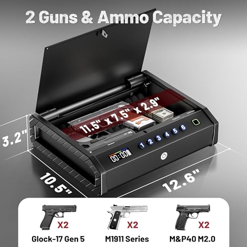 LOYMR - Caja fuerte para pistola biométrica, tapa gruesa de 2 mm para pistolas del hogar, pistola de acceso rápido segura con reloj y visualización de alimentación, caja de bloqueo de huellas dactilares con apertura automática y silenciosa para mesita de