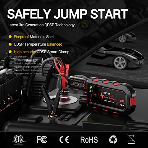 LOFTEK Arrancador portátil de batería de coche (hasta 7,0 L de gas o motor diésel de 5,5 L), paquete de alimentación de 12 V con luz LED incorporada