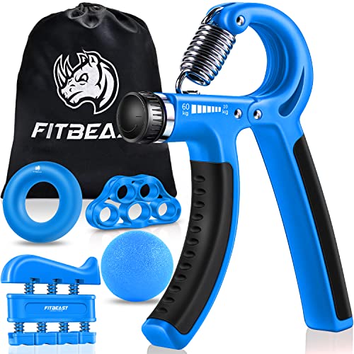 FitBeast Kit de entrenamiento fortalecedor de agarre de mano (5 unidades) de agarre de antebrazo, agarre de mano ajustable, ejercitador de dedos, ensanchador de dedos, anillo de agarre y bola de agarre para aliviar el estrés para atletas