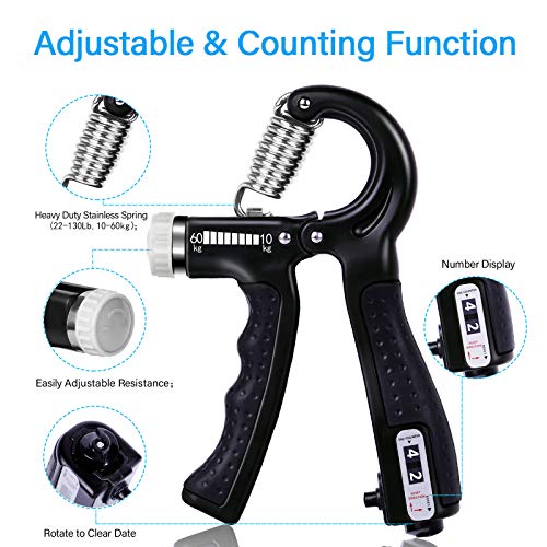 Kit de fortalecedor de agarre de mano ALMAH (5 unidades), entrenador de antebrazo para agarre de mano de resistencia ajustable, ejercitador de fuerza de dedo, ensanchador de dedos, anillo de agarre y bola de alivio de estrés para atleta