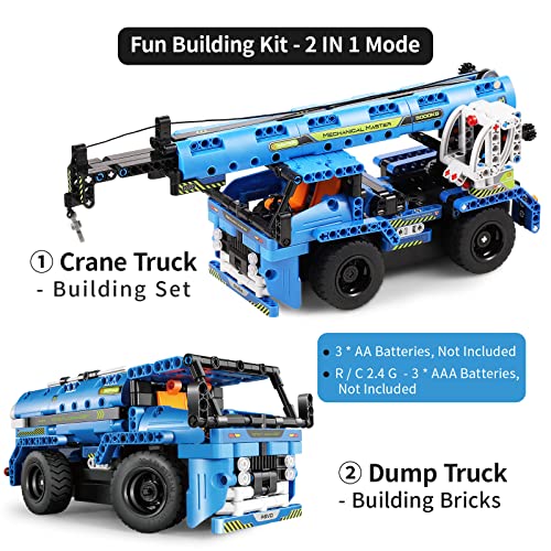 DOLIVE - Juguetes de construcción con control remoto para niños de 7 a 9 años, kits de construcción de vehículos técnicos 2 en 1 para niños de 8 a 12, juego de erector de construcción para camiones grúa modelo de construcción para niños y niñas