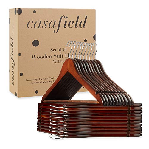 Casafield - 20 Walnut Wooden Suit Hangers - Premium Lotus Wood with Notches & Chrome Swivel Hook for Dress Clothes Coats Jackets Pants Shirts Skirts