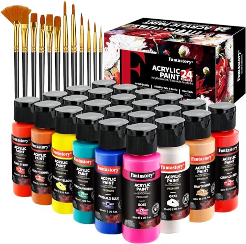 Fantastory Juego de pintura acrílica, 24 colores clásicos (2 onzas/60 ml), pintura profesional para manualidades, kit de suministros de arte para adultos y niños, lona, tela, roca, vidrio, piedra, cerámica, modelo, pintura de madera con 3 pinceles
