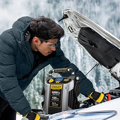 STANLEY Arrancador automotriz de 1200 amperios máximos, Potencia portátil, Puerto USB de 2.1A/10W, compresor de Aire de 120 PSI