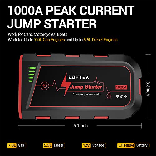 LOFTEK Arrancador portátil de batería de coche (hasta 7,0 L de gas o motor diésel de 5,5 L), paquete de alimentación de 12 V con luz LED incorporada