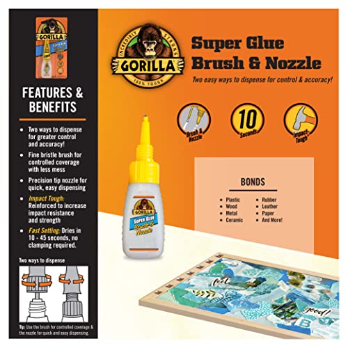 Gorilla Super pegamento con cepillo y aplicador de boquilla