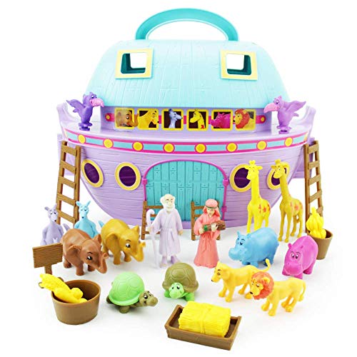 Boley Noah's Ark - Juego de 29 piezas de juguetes de historia bíblica para niños con barco, cifras de Noé y esposa, animales del zoológico y accesorios de granero, juegos bíblicos para niños y niñas