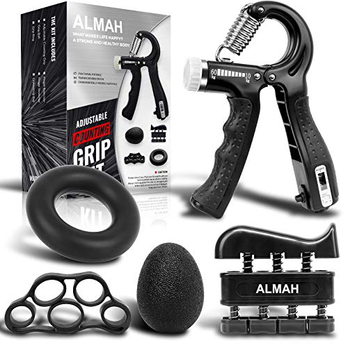 Kit de fortalecedor de agarre de mano ALMAH (5 unidades), entrenador de antebrazo para agarre de mano de resistencia ajustable, ejercitador de fuerza de dedo, ensanchador de dedos, anillo de agarre y bola de alivio de estrés para atleta