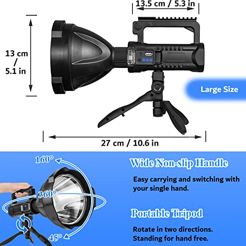 Uhanciny Linterna recargable de alto lúmenes, 150000 lúmenes, luces LED para exteriores, de mano, grande, superbrillante, potente luz flash con 4 modos, IPX6 impermeable, trípode de pie