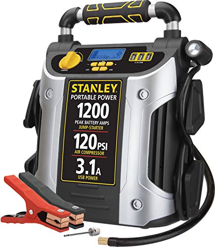 STANLEY Arrancador automotriz de 1200 amperios máximos, Potencia portátil, Puerto USB de 2.1A/10W, compresor de Aire de 120 PSI