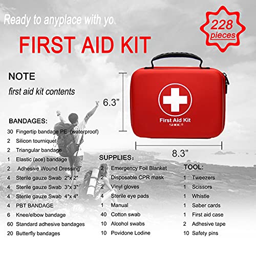 Compact First Aid Kit (228pcs) Designed For Family Emergency Care. Waterproof EVA case&Bag is Ideal for the Car,Home,boat,School, Camping, Hiking,Travel,Office,Sports,Hunting. Protect Your Loved Ones