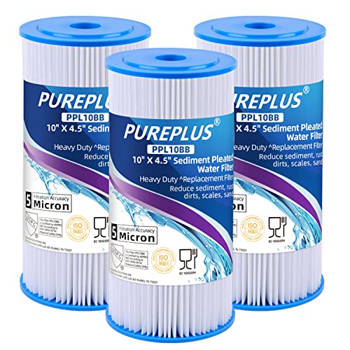 PUREPLUS Filtro de sedimentos plisado para toda la casa de 10 x 4.5 pulgadas para agua de pozo, cartucho de repuesto para GE FXHSC, Culligan R50-BBSA, Pentek R50-BB, DuPont WFHDC3001, American Plumber W50PEHD, GXWH40L, paquete de 3 unidades