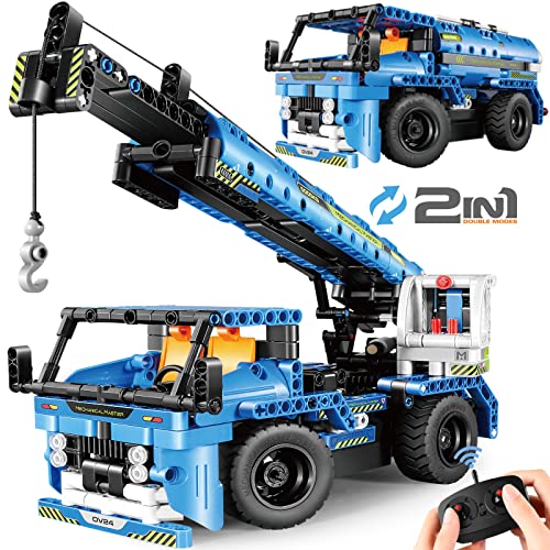 DOLIVE - Juguetes de construcción con control remoto para niños de 7 a 9 años, kits de construcción de vehículos técnicos 2 en 1 para niños de 8 a 12, juego de erector de construcción para camiones grúa modelo de construcción para niños y niñas