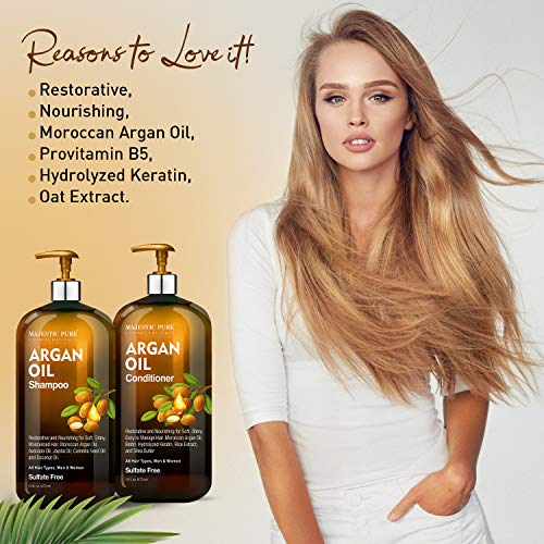Argan Oil Shampoo and Conditioner, from Majestic Pure, Improve formula Sulfate Free, Vitamin Enriched, Volumizing & Gentle Hair Restoration Formula for Daily Use, for Men and Women, 16 fl oz Each