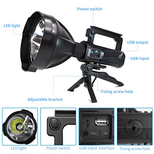 Linterna LED recargable de 8000 lúmenes altos, linterna súper brillante con 4 modos IPX5 impermeable, gran luz de búsqueda para pesca, senderismo y camping con trípode y salida USB