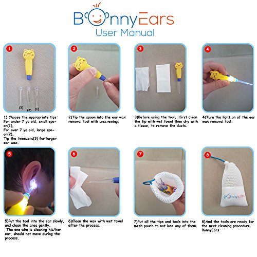 Ear Wax Removal Tool with Led Light for Kids - Toddlers, Infants, Baby and Adult by BonnyEars | Stainless Steel Earwax Remover Kit | Ear Pick Spoon Curette Tweezers Cleaning