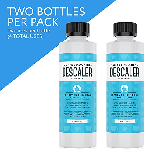 Impresa Products - Descalcificador para máquinas de café y espresso Keurig, Nespresso, Delongh, solución universal, un solo uso, 2 paquetes, 2 usos por botella, hecho en EE.UU.