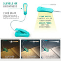 Luz recargable de 7 LED para lectura en cama, 3000 – 6000 K, regulable, 9 niveles de brillo, hasta 60 horas de iluminación. Perfecto para librerías, niños y viajes.