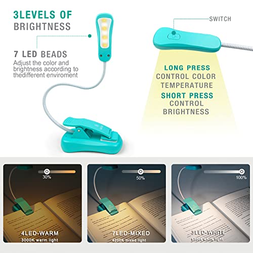 Luz recargable de 7 LED para lectura en cama, 3000 – 6000 K, regulable, 9 niveles de brillo, hasta 60 horas de iluminación. Perfecto para librerías, niños y viajes.