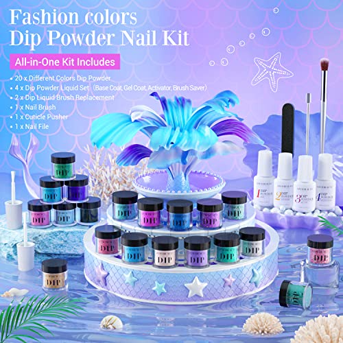 Azurebeauty - Kit de 20 colores para principiantes de uñas en polvo, 29 piezas de la serie de sirenas con purpurina rosa y 4 juegos de líquidos con capa superior/base para manicura francesa para principiantes, salón de bricolaje