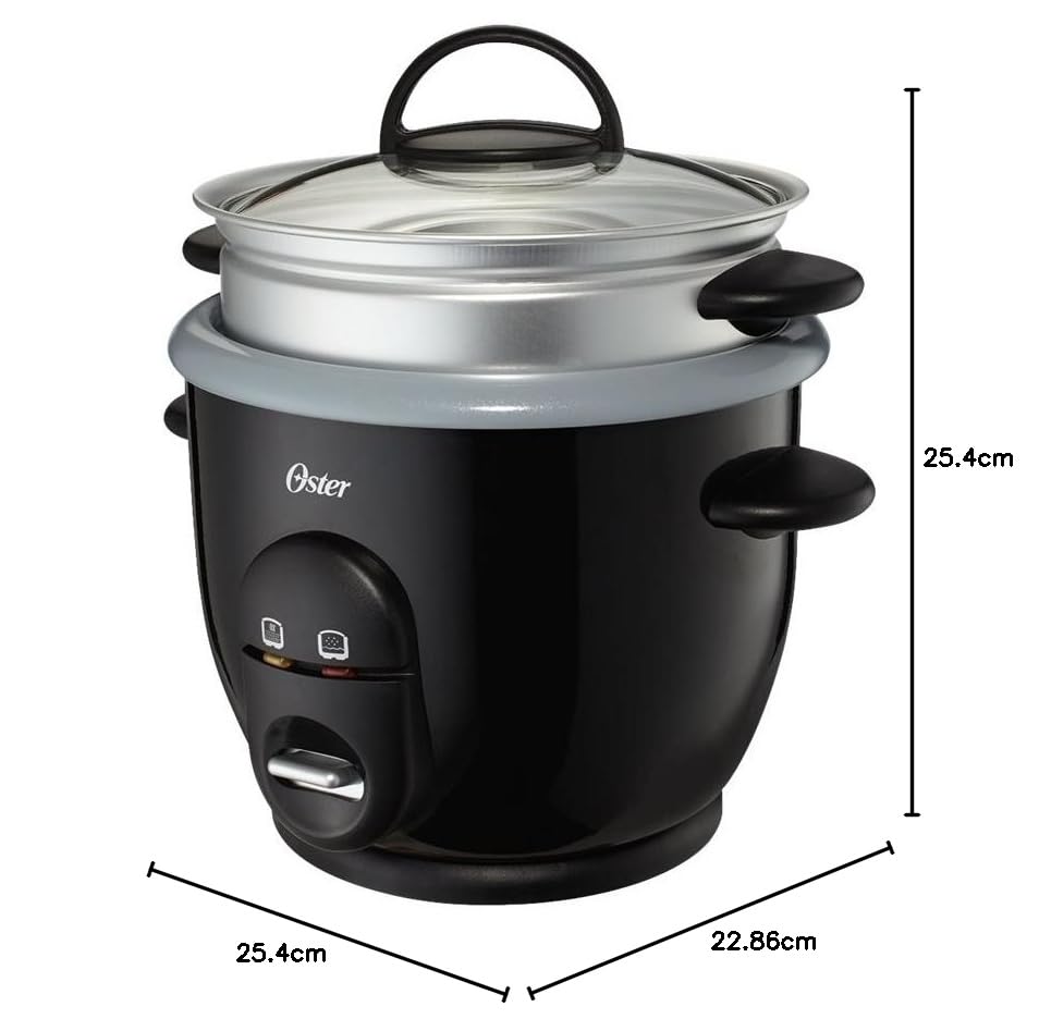 Oster CKSTRC61K-TECO Arrocera y cocina de granos, infundida con titanio, 6 tazas con bandeja de vapor, mediano/talla única, plateado/negro