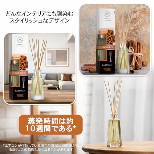 Difusor de Varillas con Aceite Esencial de Canela 100ml - 100% Puro y Natural - Ambiente y Duraderas - 0% Alcohol - Set de Regalo con 8 Varillas de Bambú - para Aromatizar Todos los Ambientes