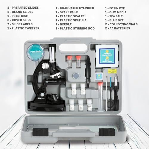 AmScope 120X-1200X 52 Piezas de microscopio para Principiantes para niños con microscopio de Cuerpo de Metal, Diapositivas de plástico, luz LED y Caja de Transporte
