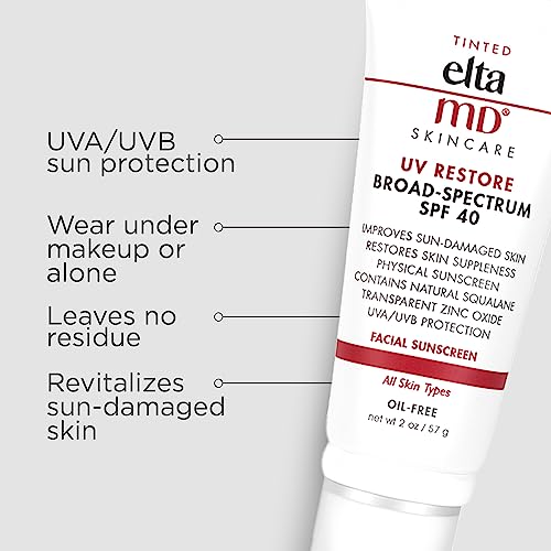 EltaMD UV Restore SPF 40 Anti Aging Face Moisturizer For Women, Broad Spectrum Physical Sunscreen with Zinc Oxide, Tinted Face Sunscreen, Anti Aging Moisturizer, Improves Skin Smoothness, 2 OZ Tube