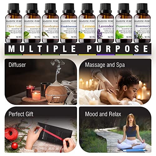 MajesticPure Aromatherapy Essential Oils Set - 10 ml Each - Includes Peppermint, Lavender, Eucalyptus, Lemon, Frankincense, Clove Leaf, Cinnamon Leaf & Rosemary Oils - Pack of 8
