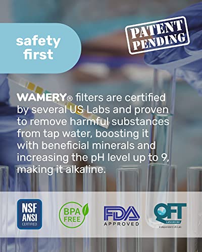 Wamery Filtro de agua de repuesto, paquete de 3 Compatible con jarra. Sistema de cartucho ionizador y purificador. Certificado NSF ANSI. Reduce el cloruro, metales duros del llave de la cocina.