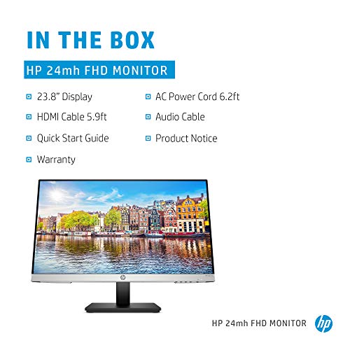 HP Monitor de computadora FHD de 24 mh con visualización IPS de 23.8 pulgadas (1080p) - Altavoces integrados y montaje VESA - Ajuste de altura/inclinación para visualización ergonómica - HDMI y DisplayPort - (1D0J9AA#ABA)