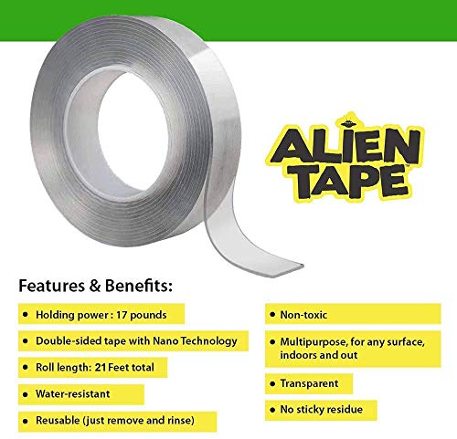 Bell+Howell - Alientape Nano cinta de doble cara, adhesivo extraíble multiusos con agarre transparente, cinta de montaje lavable, resistente, para alfombras, marcos de fotos, decoración de pósteres