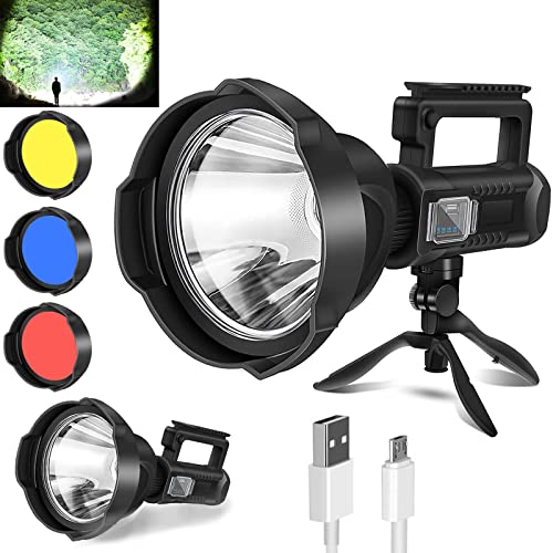 Uhanciny Linterna recargable de alto lúmenes, 150000 lúmenes, luces LED para exteriores, de mano, grande, superbrillante, potente luz flash con 4 modos, IPX6 impermeable, trípode de pie