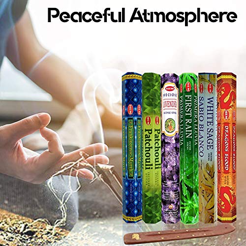 Seis aromas de incienso con quemador última intervensión, cada uno de sangre de dragón, incienso y mirra, pachulí, lavanda preciosa, primera lluvia y salvia blanca