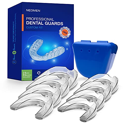 Neomen Protector bucal – Protector bucal profesional para apretar dientes por la noche – Protector nocturno mejorado para moler dientes, detiene el bruxismo, Tmj y elimina el apriete de dientes (8 unidades, 2 tamaños)