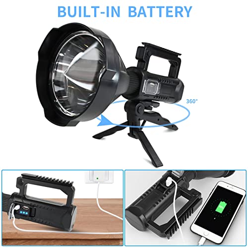 Linterna LED recargable de 8000 lúmenes altos, linterna súper brillante con 4 modos IPX5 impermeable, gran luz de búsqueda para pesca, senderismo y camping con trípode y salida USB