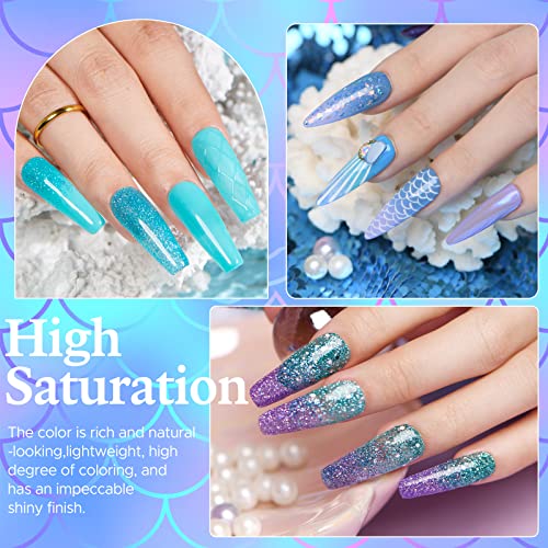 Azurebeauty - Kit de 20 colores para principiantes de uñas en polvo, 29 piezas de la serie de sirenas con purpurina rosa y 4 juegos de líquidos con capa superior/base para manicura francesa para principiantes, salón de bricolaje