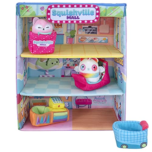 Squishville Squishmallows Mall-Dos Mini Personajes de Peluche de 2 Pulgadas, Escena de Juego temática, 4 Accesorios (Bolsa de la Compra/Carrito, Caja registradora, máquina Arcade)